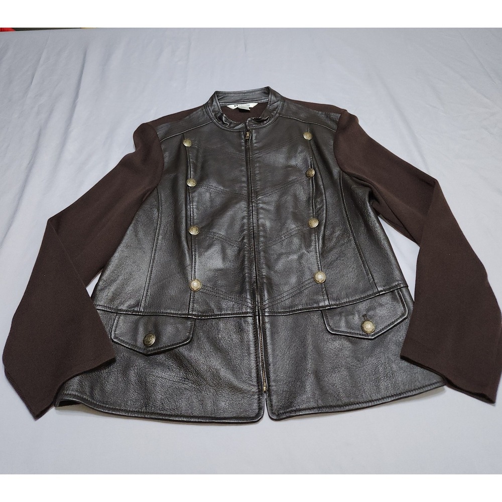 Nygard Collection Leather Knit Mixed Media Military Jacket Brown XL 18-20